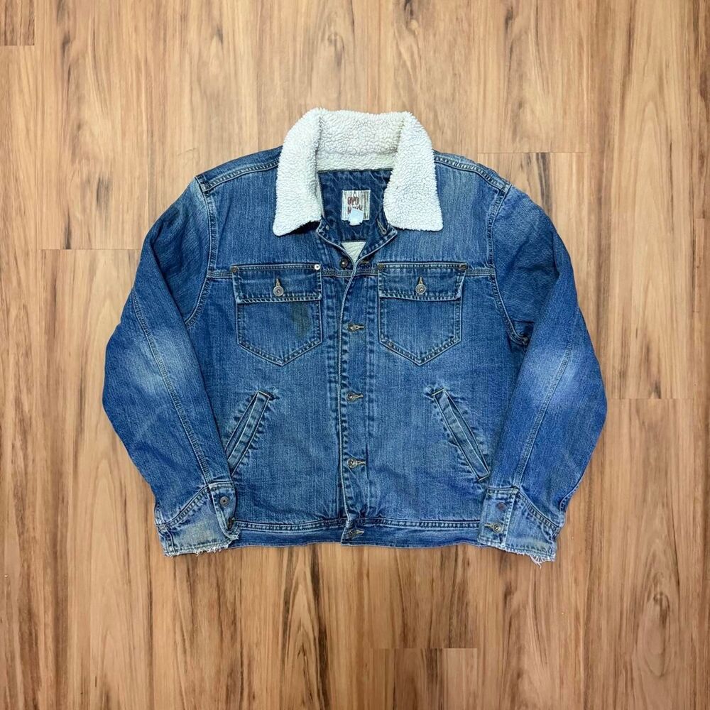 Vintage 1990’s Old Navy Mens Blue Jean Denim Sherpa Lined Trucker Jacket Size L